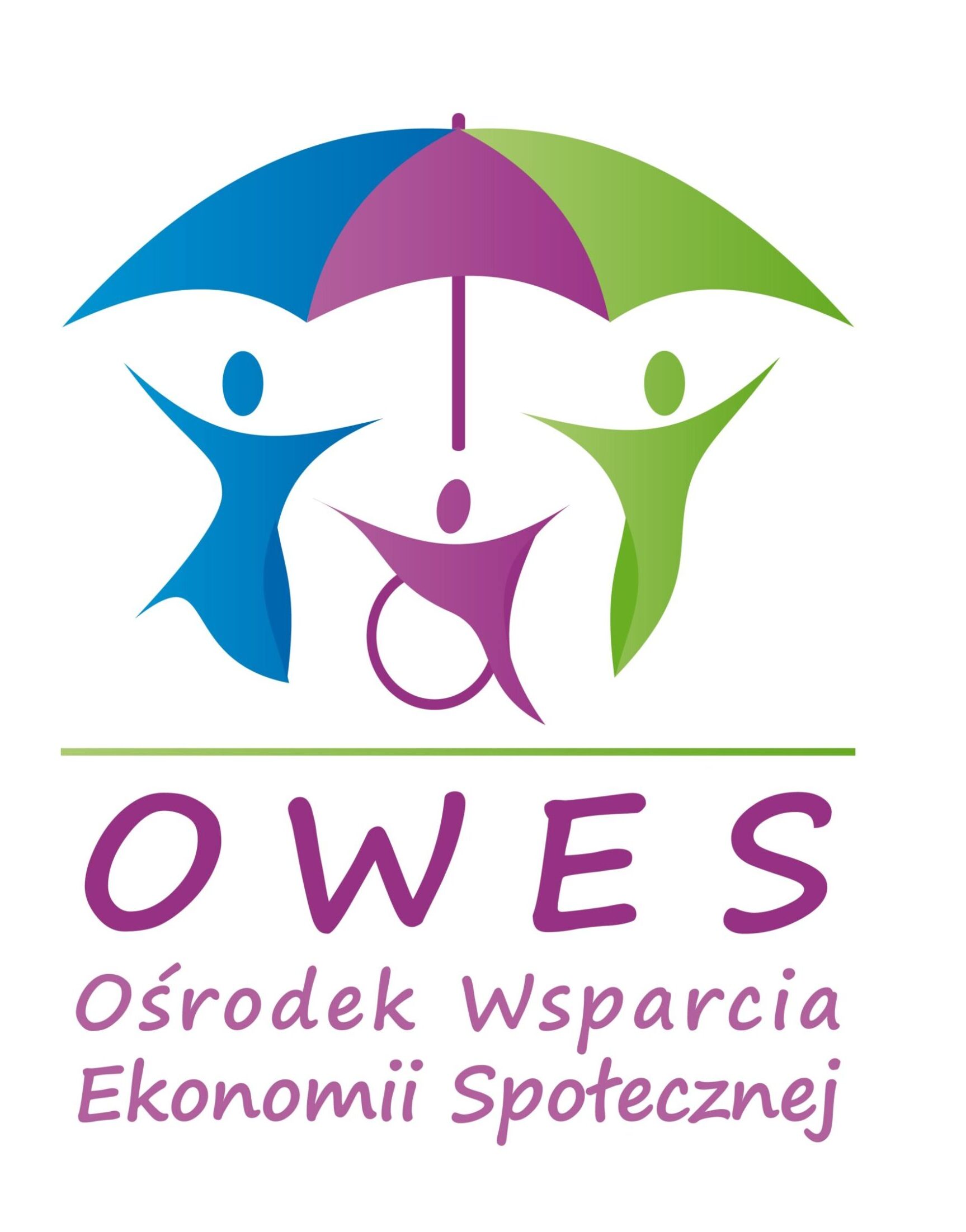 logo Ośrodka Wsparcia Ekonomii Społecznej - 3 postacie, w tym jedna na wózku inwalidzkim pod jednym parasolem