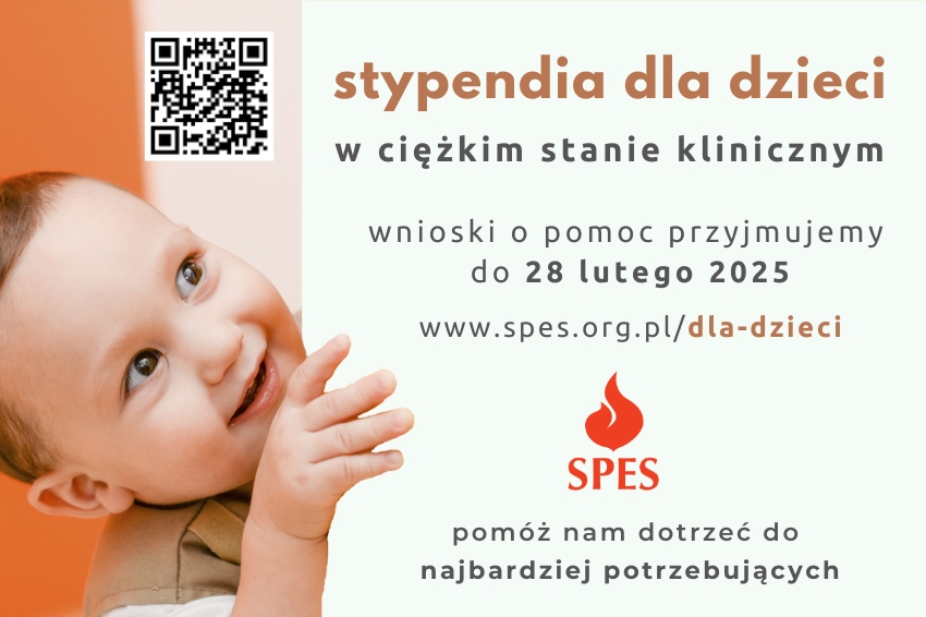 plakat prezentujący dziecko zerkające zza ściany. Opis stypendia dla dzieci w ciężkim stanie klinicznym.