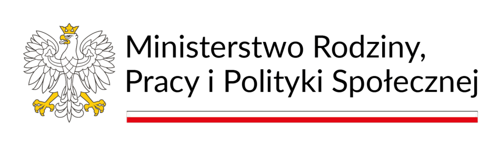 logo Ministerstwa rodziny, pracy i polityki społecznej. Napis z białym orłem w tle