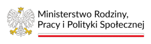 logo Ministerstwa rodziny, pracy i polityki społecznej. Napis z białym orłem w tle