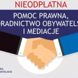 grafika przedstawiająca na samej górze napis Pomoc prawna, poradnictwo obywatelskie i mediacje. Poniżej znajduje się grafika przedstawiająca uścisk dwóch rąk.