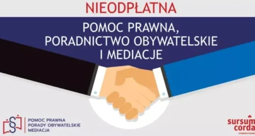 grafika przedstawiająca na samej górze napis Pomoc prawna, poradnictwo obywatelskie i mediacje. Poniżej znajduje się grafika przedstawiająca uścisk dwóch rąk.