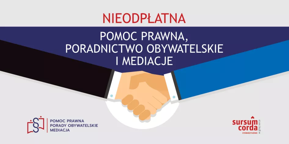 grafika przedstawiająca na samej górze napis Pomoc prawna, poradnictwo obywatelskie i mediacje. Poniżej znajduje się grafika przedstawiająca uścisk dwóch rąk.