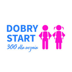 logotyp świadczenia 300+ dobry start. Przedstawiający po prawej stronie kształt dzieci z plecakami na plecach: dziewczynkę i chłopca w kolorze różowym oraz po lewej stronie nazwa świadczenia Dobry start 300 dla ucznia
